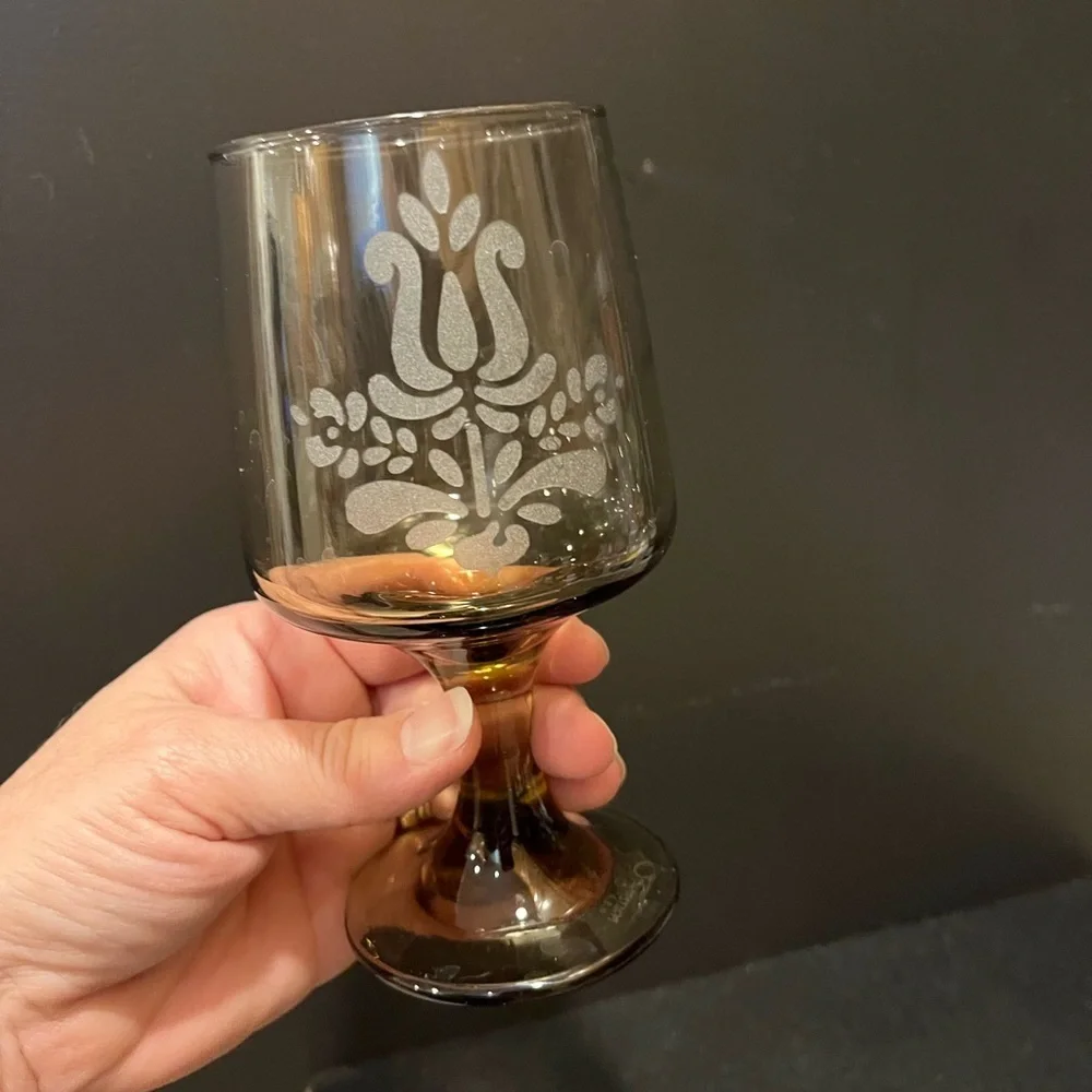 Vintage Pfaltzgraff Village Brown Etched Goblet Glass